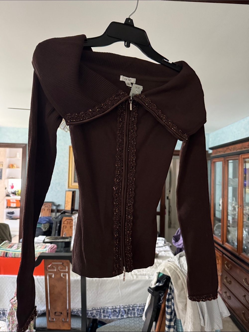 Cache Chocolate Brown Beaded Zip-Front V-Neck Sweater